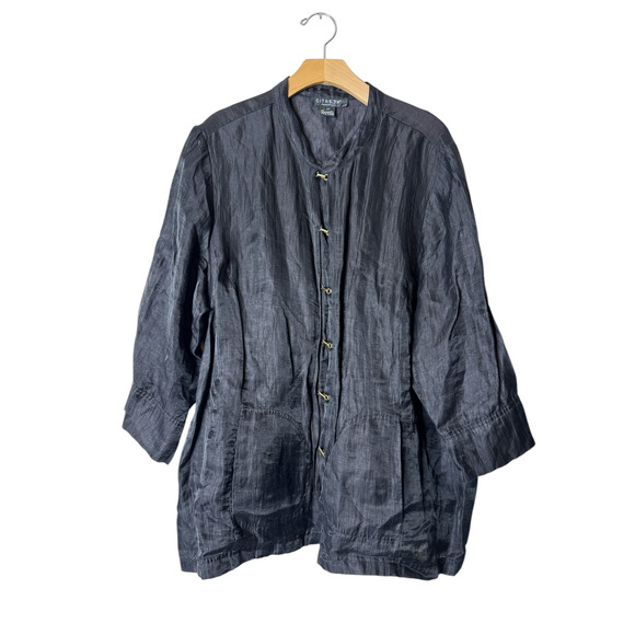 Citron Plus 2X Black Linen-Blend Toggle-Front 3/4 Sleeve Shirt or Light Jacket - Picture 1 of 11